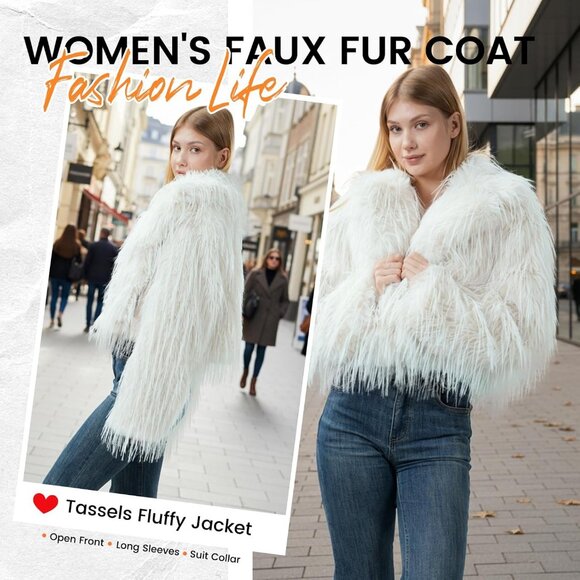 Women's Fur Coats Cropped Faux Fuzzy Warm Jacket Fluffy Fall Coat White Tassels - Picture 3 of 5